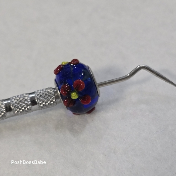 European-Style Blue Glass Bead with Red Floral Design – Fits Pandora Trollbeads - Picture 3 of 6